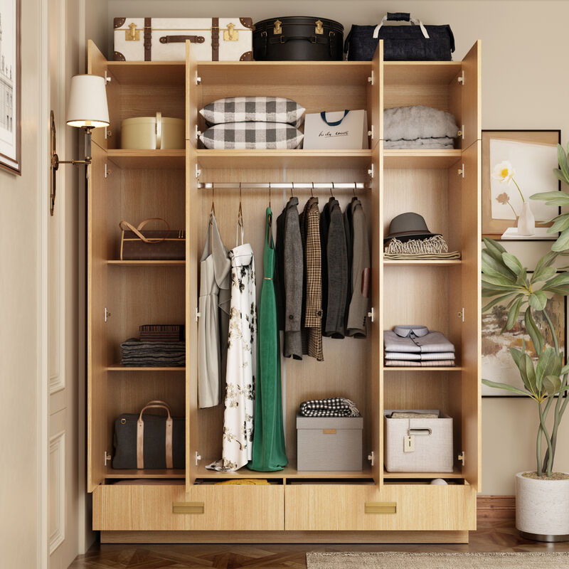 FUFU&GAGA Natural Wood 4-Door Wardrobe, MDF & Rubberwood Construction (63" W x 66.9" H x 18.1" D), Natural Wood Finish image number 2