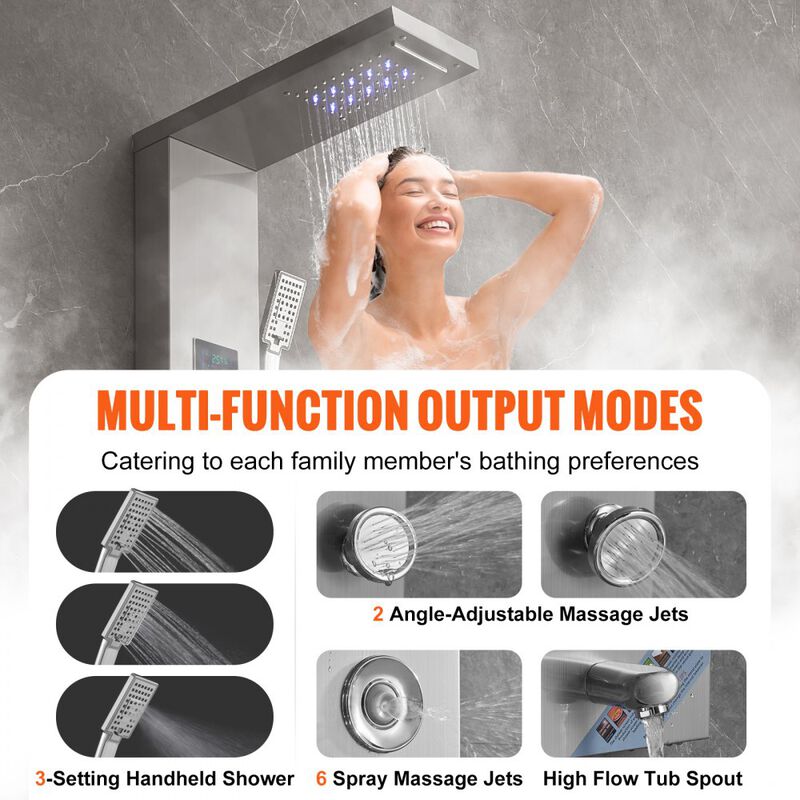 LED Hydro Shower Panel with 6 Modes, 8 Massage Jets, Tub Spout, Handheld Shower-Silver image number 5