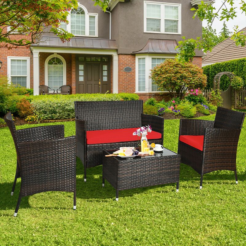 4 Pieces Comfortable Outdoor Rattan Sofa Set with Glass Coffee Table image number 2