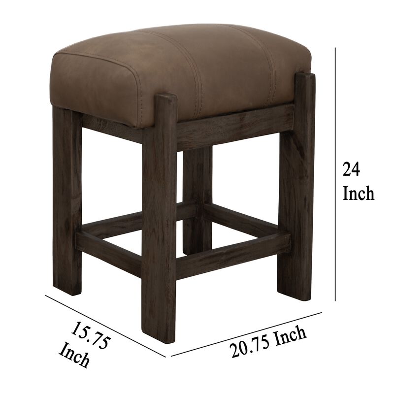 Eray Counter Height Stool, Teak Brown Cushioned, Solid Wood 24 Inch