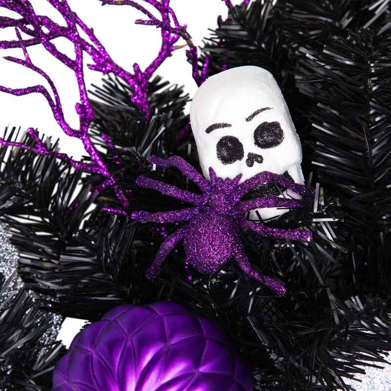 Purple and Black Spooky Skeleton Pine Halloween Wreath  24-Inch  Unlit image number 5