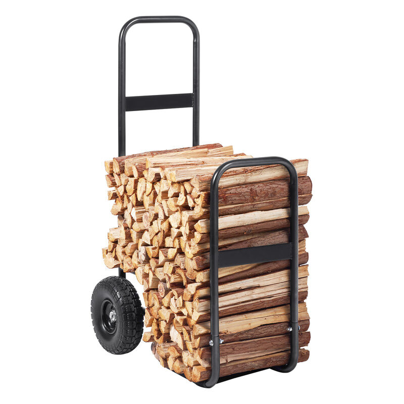 Heavy Duty Firewood Carrier Cart with Waterproof Cover and PU Wheels, Steel Log Hauler for Fireplace-Black image number 0