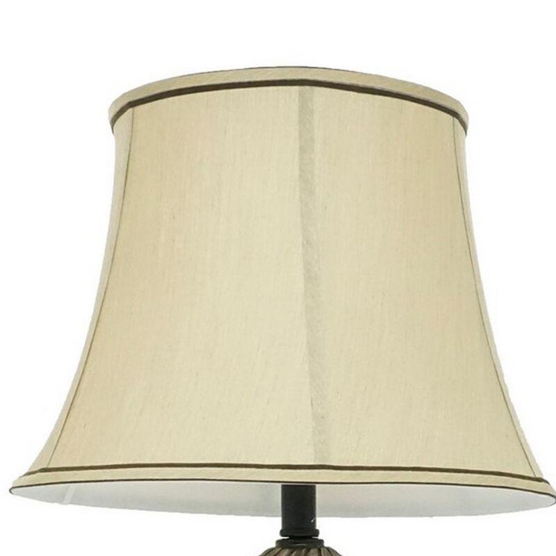 29 Inch Table Lamp, Traditional Round Beige Fabric Shade, Brown Plinth Base - Benzara image number 2