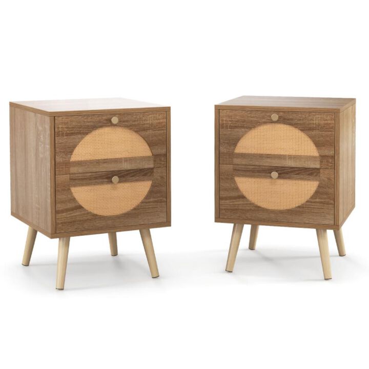 Hivvago Set of 2 Rattan Nightstand with 2 Drawers and Solid Wood Legs
