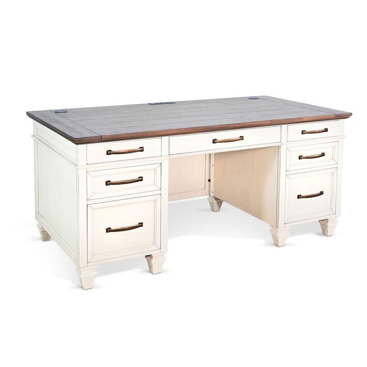 Wiz Office Desk, 66 Inch Brown Wood Top, 7 Drawers, White Mahogany Wood