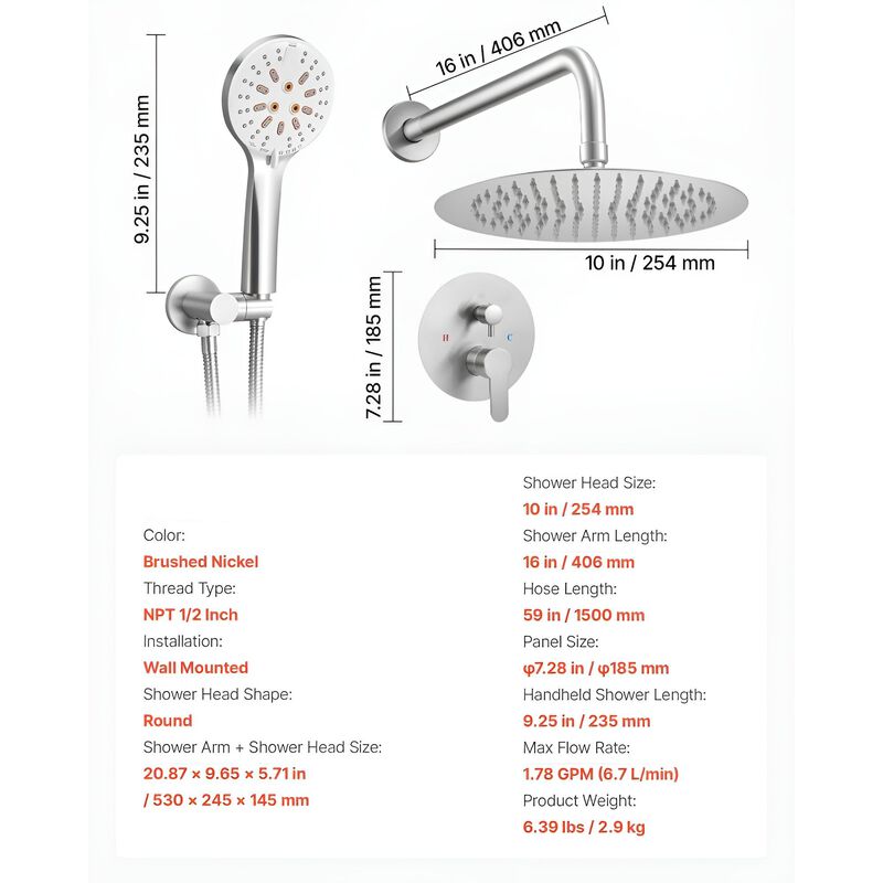 10 Inch Round Rain Shower System Brushed Nickel with Handheld Spray image number 2