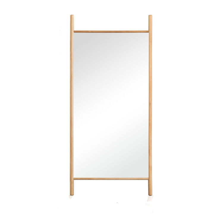 HomeRoots 64" Natural Solid Wood Ladder Leaning Framed Full Length Mirror