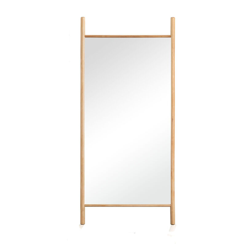 HomeRoots 64" Natural Solid Wood Ladder Leaning Framed Full Length Mirror image number 0