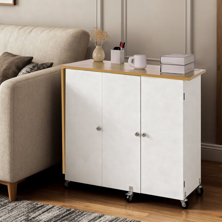 Folding Sewing Table with Storage Cabinet, Charging Station and Rolling Wheels