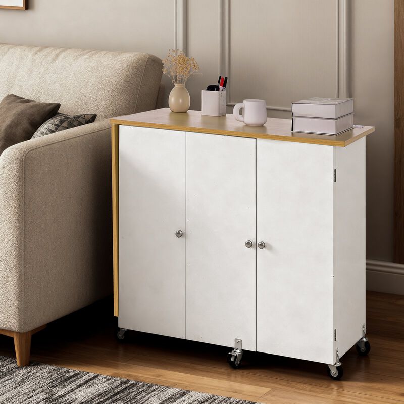 Folding Sewing Table with Storage Cabinet, Charging Station and Rolling Wheels image number 1
