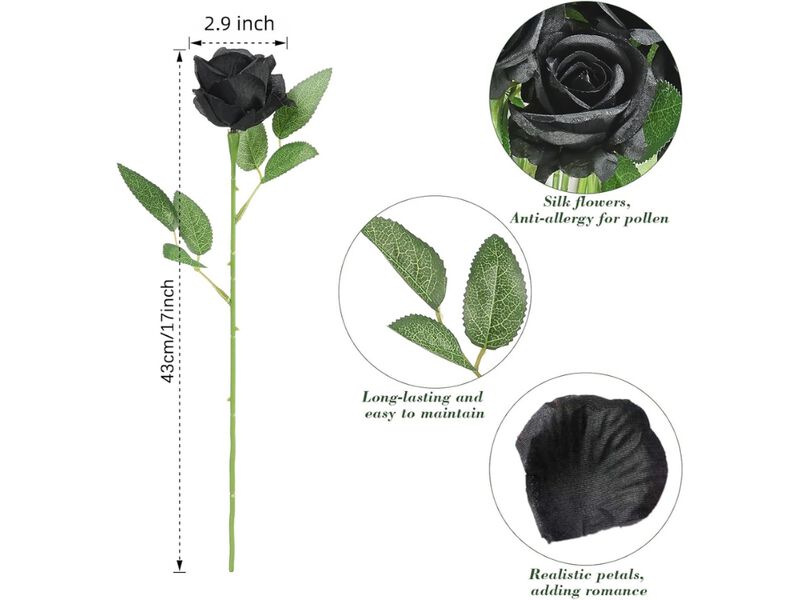 27 Piece Black Artificial Rose Flower Stems Wedding Centerpiece Decor image number 2