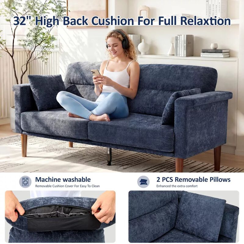 Vipbear 69" Chenille Loveseat Sofa with Foldable Side Tray Table, Thick Deep Cushion 2-Seater Couch image number 5