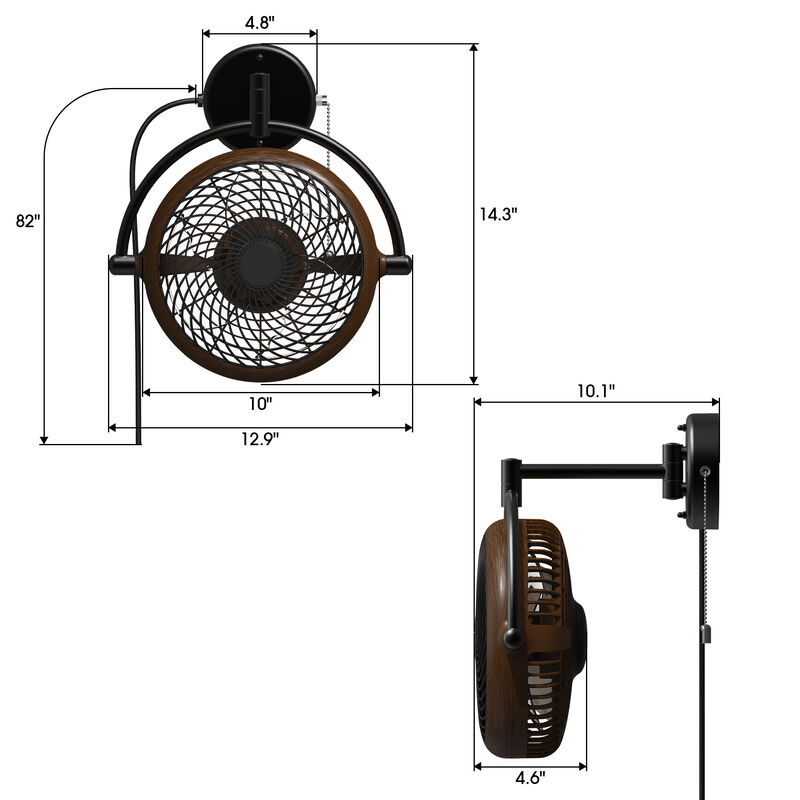 12.9 in. Walnut and Black 2-Speed Wall Mount Fan with Pull Chain and Plug