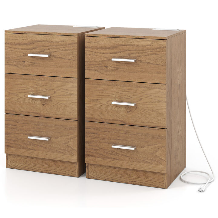 Set of 2 Bedside Nightstands with Charging Station and 3 Storage Drawers