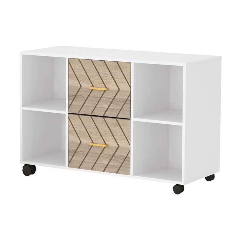 File Cabinet, 4 Storage Shelves, 2 Brown Drawers, Wheel Base 39 Inch - Benzara