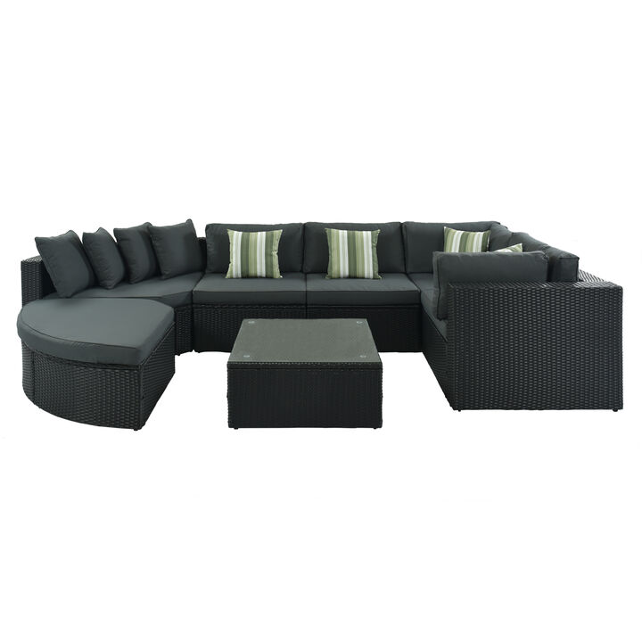 Merax Modular Patio Wicker Sofa Set with Removable Tempered Glass Table, Fade-Resistant Cushions