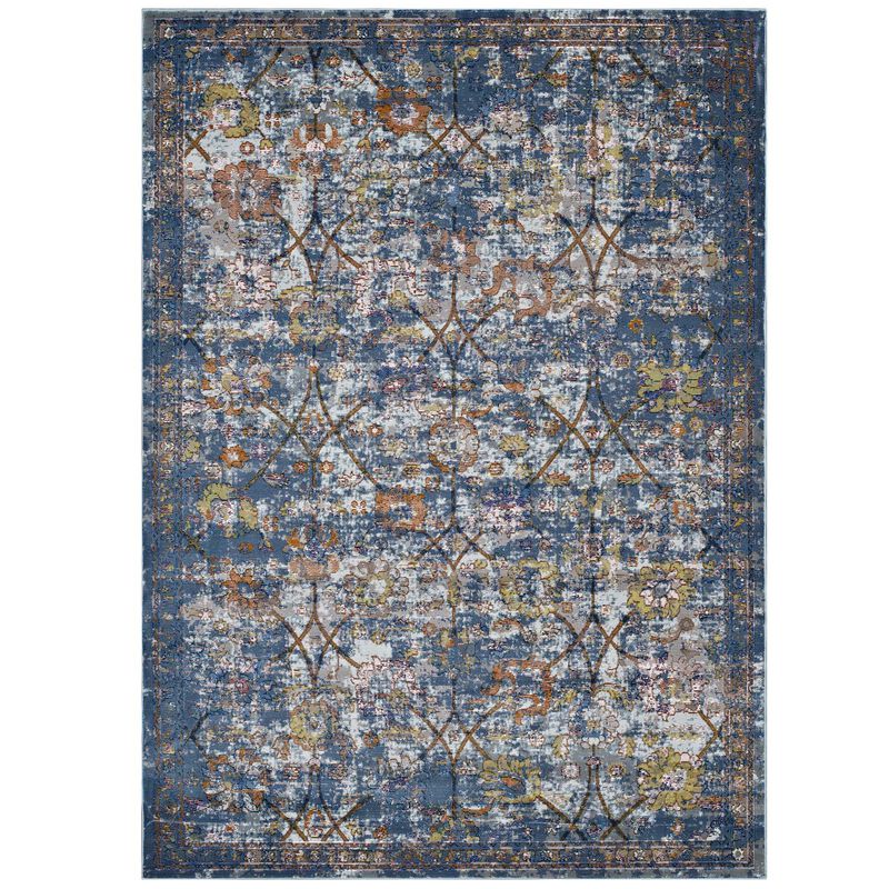 Minu Distressed Floral Lattice 4x6 Area Rug - Blue Gray, Yellow and Orange