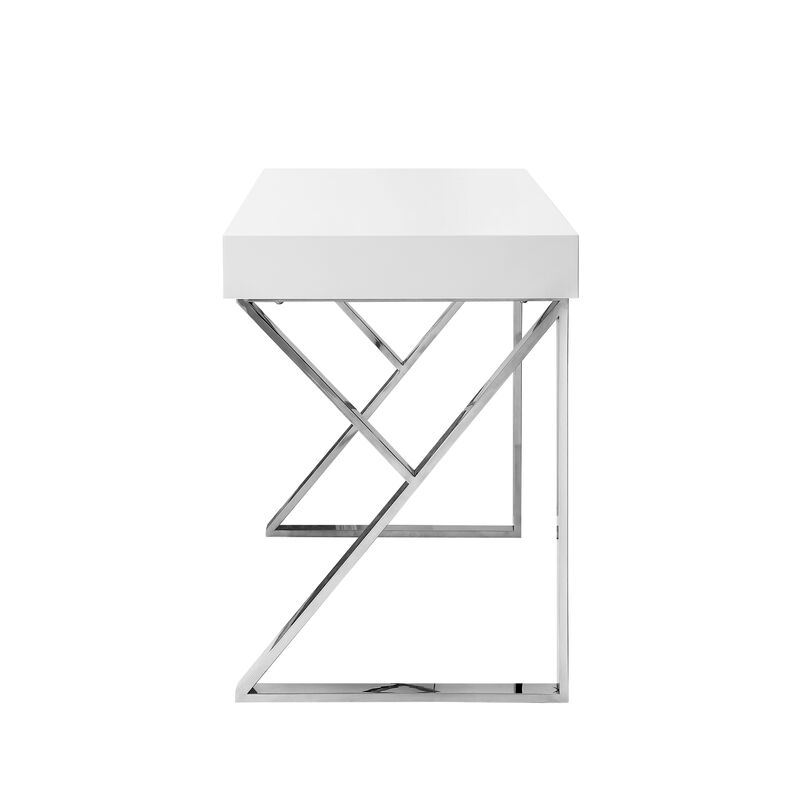 Inspired Home Octavia High Gloss Desk with Polished Stainless Steel Base