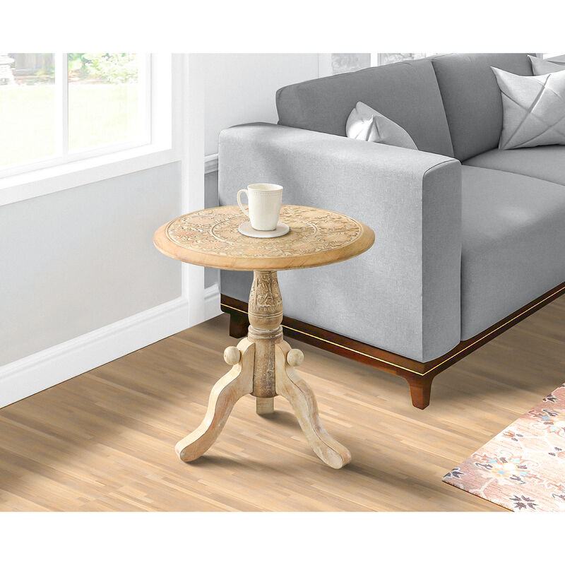 Intricately Carved Round Top Mango Wood Side End Table with Pedestal Base, Brown and White image number 9
