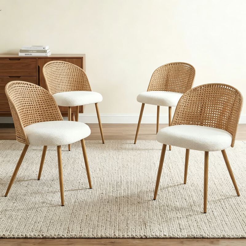4 Pack Rattan Dining Chairs PE Rattan Woven Back Dining Chairs with Teddy Upholstered Cushions Metal Legs Boho Kitchen Dining Chairs image number 1
