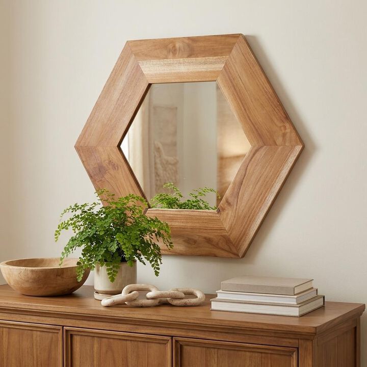 HomeRoots 19" Natural Hexagon Solid Wood Framed Accent Mirror
