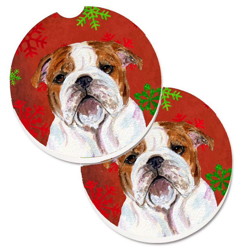 Caroline's Treasures Bulldog English Red & green Snowflakes Holiday Christmas Set of 2 Cup Holder Car Coasters SS4691CARC, 2.56, Multicolor image number 0