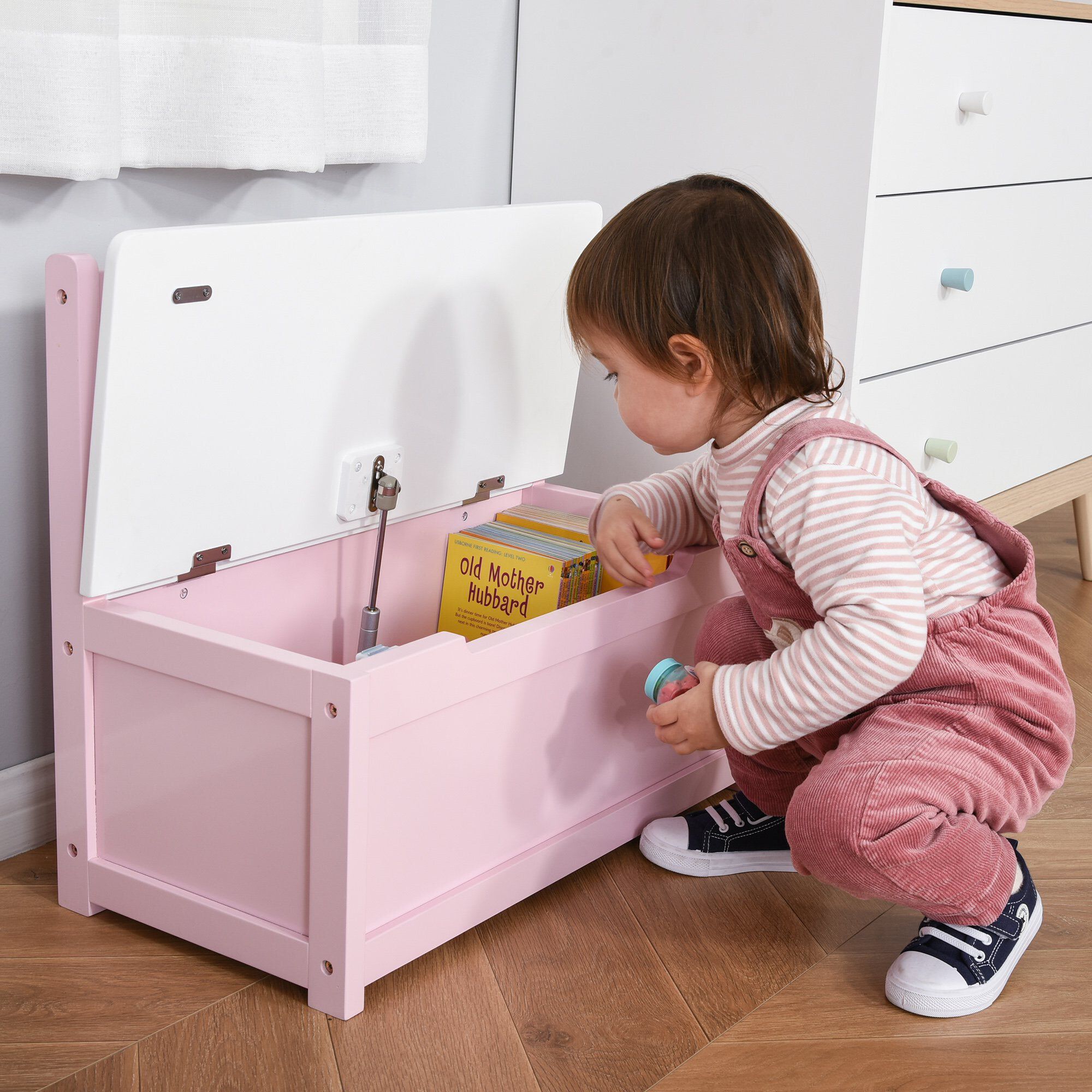 2-IN-1 Wooden Toy Box Kids Seat Bench Storage Chest in Pink