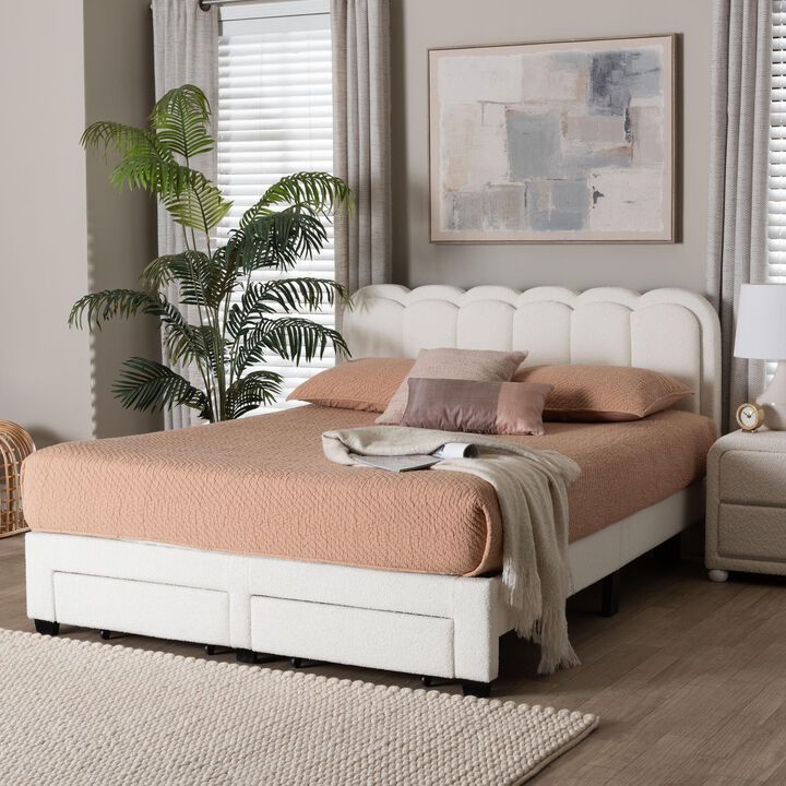 Baxton Studio Caradonna Cream Teddy-Bear Fabric Bed with Storage Drawers - Fully Upholstered Platform Bed with Scalloped Headboard, Queen