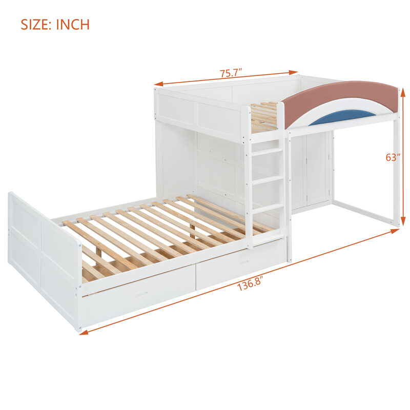 Merax Full Size Offset Bunk Bed with Wardrobe, Drawers & Upholstered Guardrail image number 3