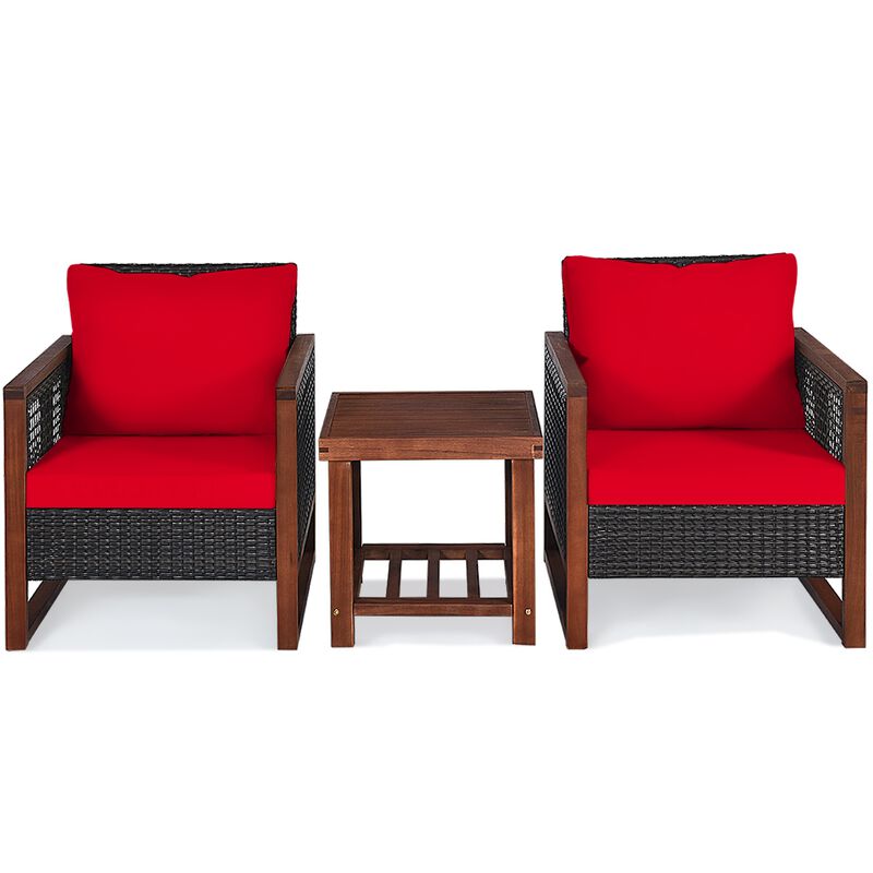 3 Pieces Patio Wicker Furniture Set with Washable Cushion and Acacia Wood Coffee Table image number 3