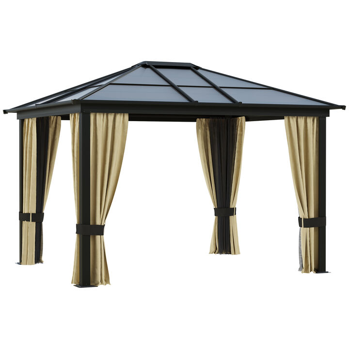 Outsunny 10' x 10' Hardtop Gazebo Canopy with Polycarbonate Roof, Aluminum Frame, Permanent Pavilion Outdoor Gazebo with Netting and Curtains for Patio, Garden, Backyard, Lawn, Deck