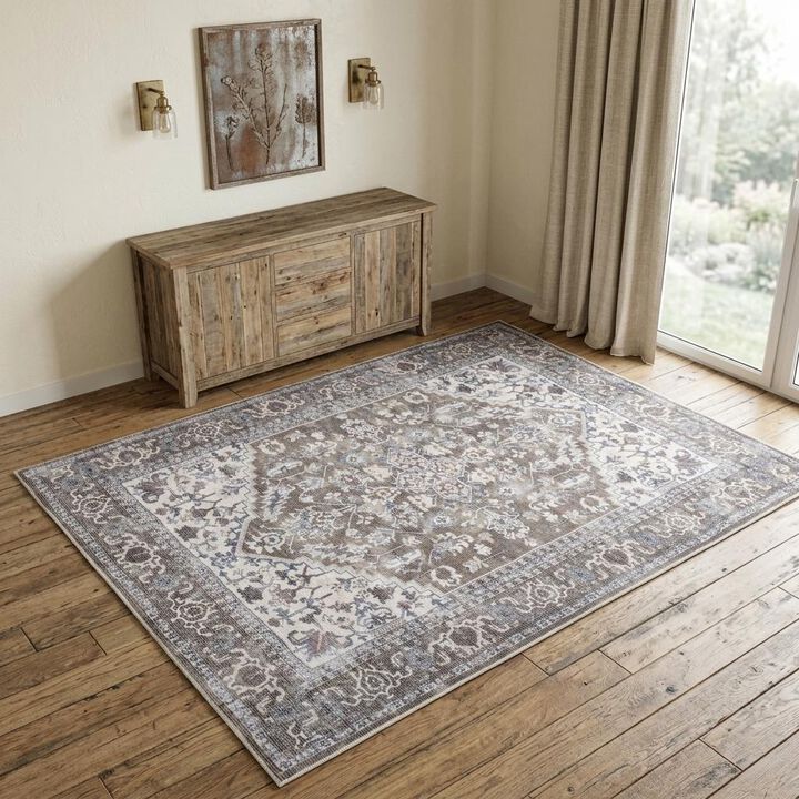 HomeRoots Floral Medallion Power Loom Distressed Area Rug