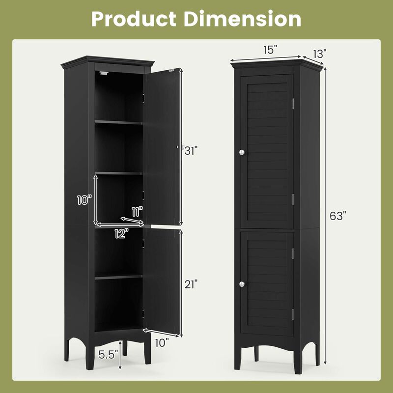 Costway Tall Bathroom Floor Cabinet Narrow Linen Tower with 2 Doors & Adjustable Shelf Grey