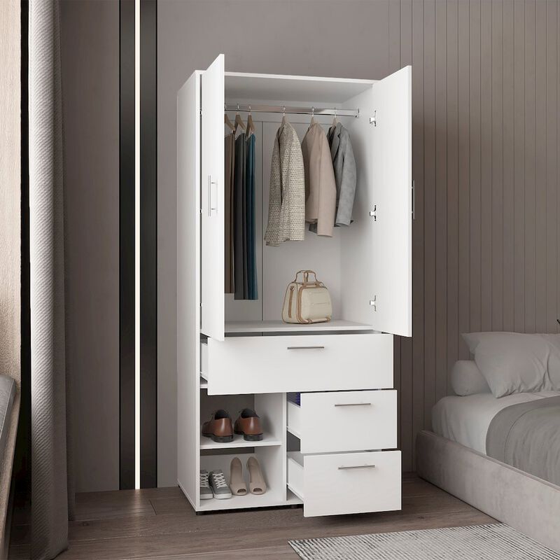Tuhome Armoire With Double Doors, Hanging Rod, Interior Shelves, White image number 2
