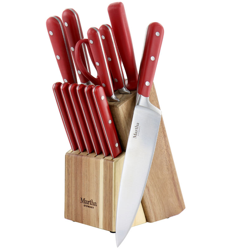 Martha Stewart 14 Piece Stainless Steel Cutlery Set in Red with Acacia Wood Storage Block