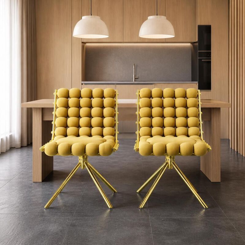 GOODSILO Set of Two Modern Tufted Puffy Bubble Velvet Dining Accent Swivel Chairs with Metal Legs for Dining Room and Kitchen image number 2
