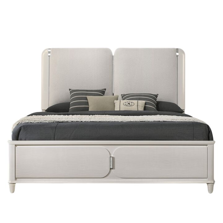 Veda King Size Bed with LED, Pearl White, Gray Boucle Upholstered - Benzara
