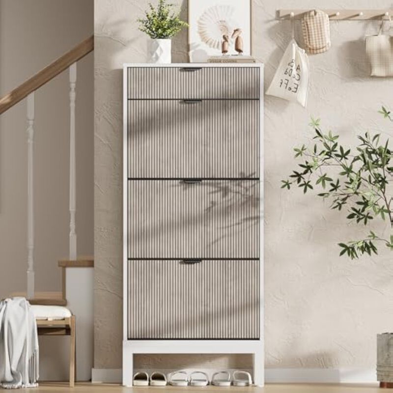 Slim Entryway Shoe Storage Cabinet Flip Drawer Adjustable Space Saving White image number 3