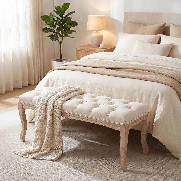 Envelor French Vintage Tufted Linen Upholstered Bench, 43.3 in.