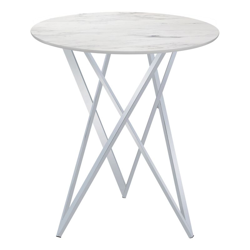 43 Inch Tall Bar Table, White Round Top, Art Deco Style Faux Marble Surface-Benzara