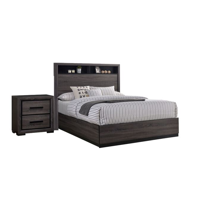 Queen Bedroom Set in Gray & Black Wood &ndash; 2 Piece Set with Nightstand