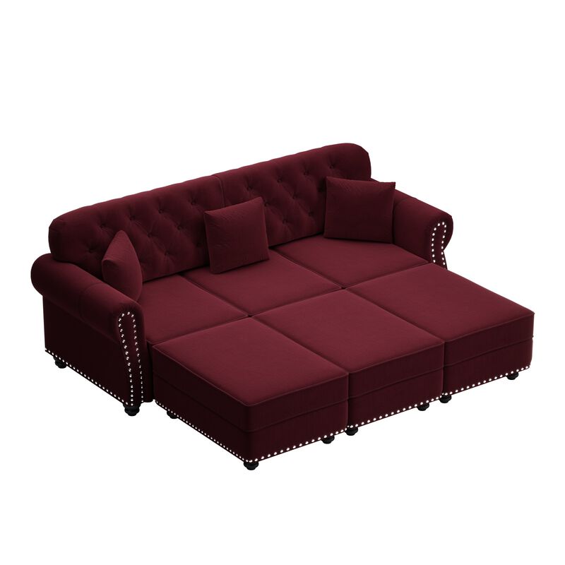 Whisen 3 Seat Velvet Sofa with 3 Ottomans, Nailhead Trim, Mid-Century Modern, for Living Room image number 8