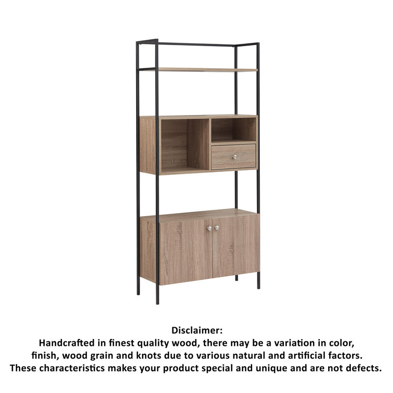 66 Inch 3 Tier Etagere Bookcase with Open Compartment, Cabinet, Black Metal Frame, Light Natural Brown-Benzara image number 7