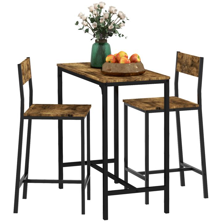 3 Piece Pub Dining Sets, Industrial Dining Table Set for 2, Counter Height Kitchen Table with Bar Stools for Small Space, Rustic Brown