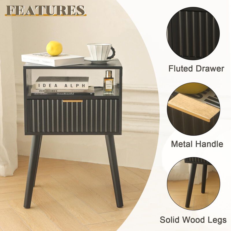 Fultyle Black Nightstand with Charging Station, Mid Cetury Modern Nightstand with Drawers, Fluted End Side Table Living Room for