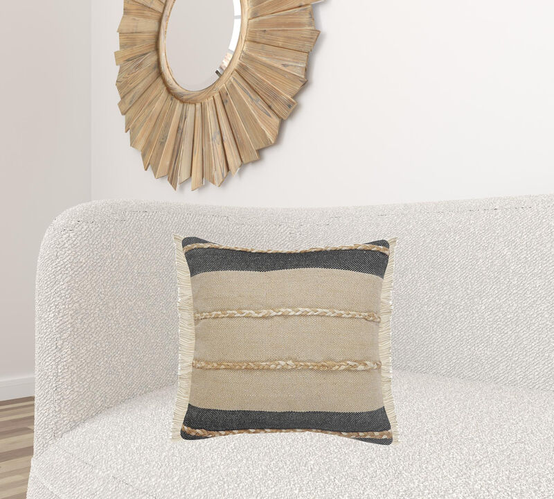 Handcrafted Jute Striped Zippered Pillow with Fringe &ndash; Decorative Accent Cushion for Sofa or Chair