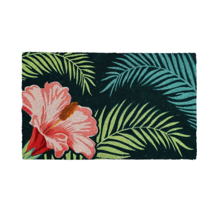 HomeRoots 18" X 30" Blue and Pink Coir Tropical Outdoor Door Mat