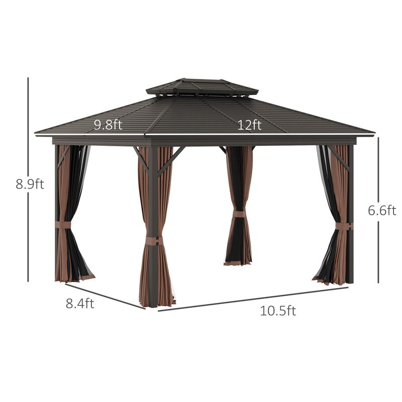 10x12 Hardtop Gazebo with Aluminum Frame, Permanent Metal Roof Gazebo Canopy w/ Curtains & Netting for Garden, Patio, Backyard, Dark Brown