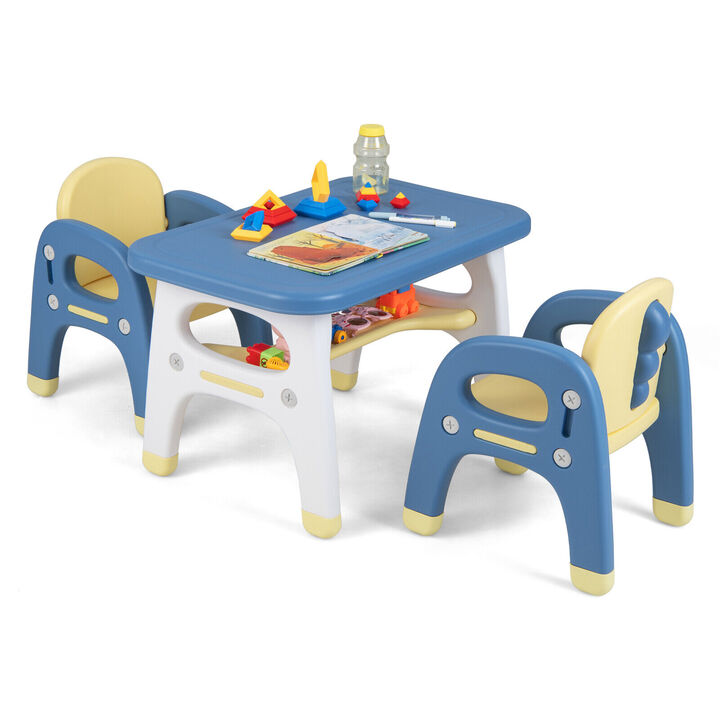 Kids Table and 2 Chairs Set with Storage Shelf and Building Blocks