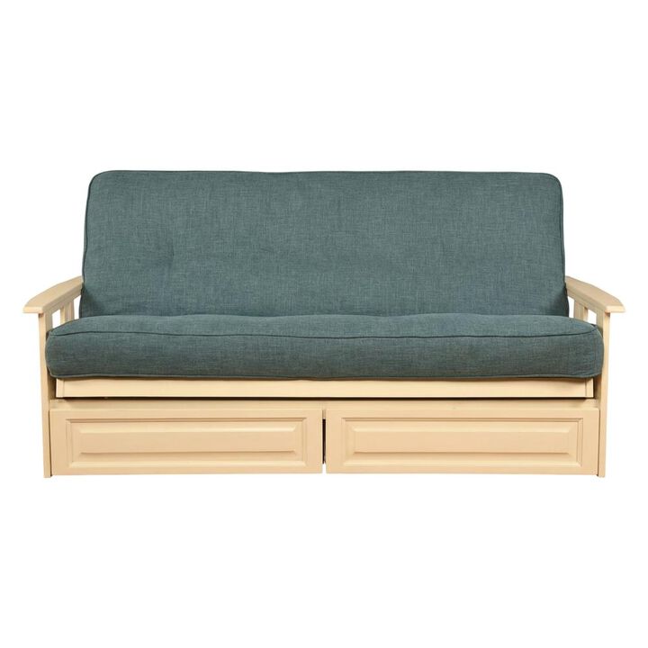 Phoenix Frame-Antique White Finish-Linen Aqua Mattress-Storage Drawers